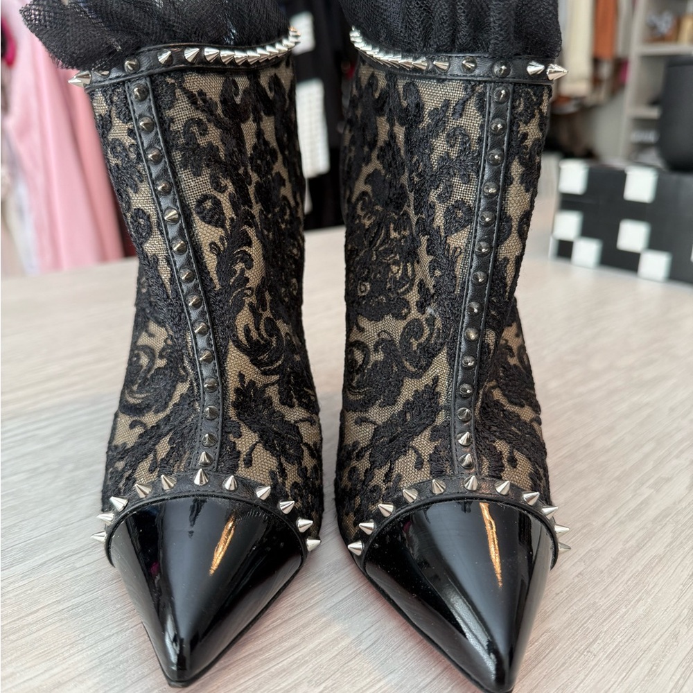 Christian Louboutin Black Lace Studded Ankle Boots